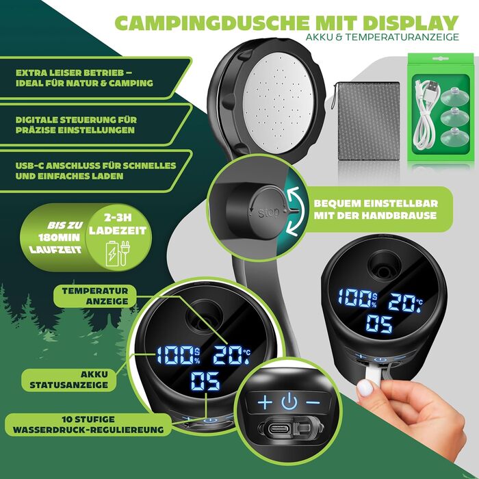 Соняшний душ KESSER® з насосом та акумулятором 8000mAh. Комплект для кемпінгу: регульована лійка, шланг 2м, пістолет-пульверизатор, кріплення. Без бака (Чорний/Чорний)