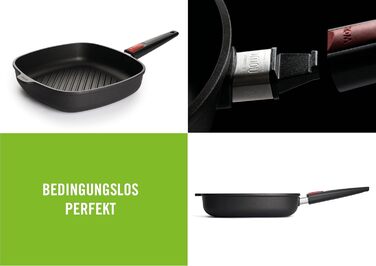 Сковорода-гриль Woll Nowo Titanium Guss квадратна, індукційна, з рифленням, 28x28 см, 6.5 см висота, знімний ручка, для всіх типів плит, алюмінієвий лиття, антипригарне покриття