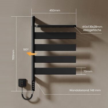 Електричний сушильник для рушників EMKE 180° з полицею, Wifi, 120W, 760x450 мм, чорний