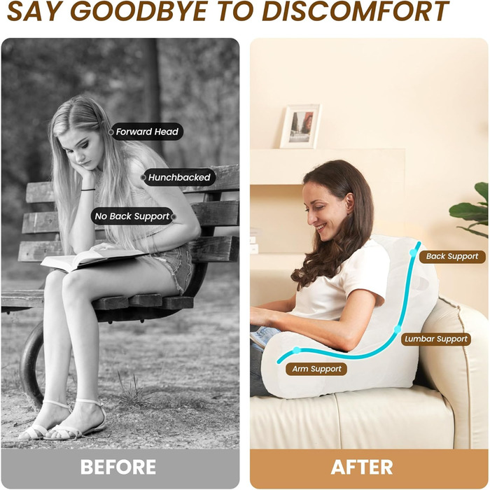 Подушка для відпочинку в ліжку Unisakey з підлокотниками, спинна подушка для читання та відпочинку, знімний, пральний чохол, бежевий