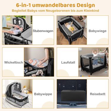 Дитяче туристичне ліжко COSTWAY 5 в 1 з матрацом, сірим кольором, до 15 кг, з пеленатором та іграшкою