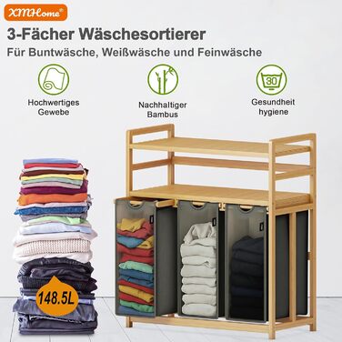 Кошик для білизни з 3 відділеннями, 148 літрів, з бамбука, 2 яруси, великий кошик для білизни з винімним мішком, прямокутна коробка для ванної, спальні та пральні, 77.5x41.3x100.5CM, Бежевий (Темно-сірий)