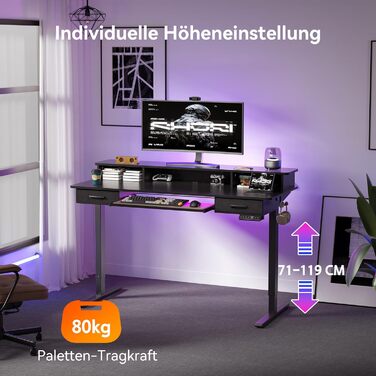 Регульований за висотою стіл Höfer з підставкою для клавіатури, 160x60 см. Стіл для комп'ютера з 2 шухлядами, підставка для монітора для дому/офісу, чорний 160 x 60 см