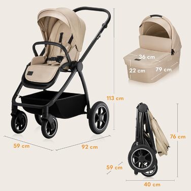Дитяча коляска Lionelo Meril 3-в-1, 0-48 місяців, до 22 кг, люлька до 9 кг, автокрісло до 13 кг, поворотні колеса, амортизація, великий капюшон UPF50+, бежевий