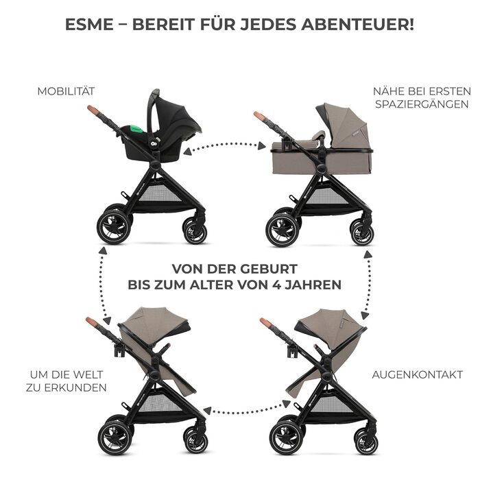 Дитяча коляска Kinderkraft ESME 3-в-1: комплект, до 22 кг, автокрісло I-size, бежевий колір