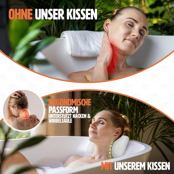 Підголовник для ванни – якісна підтримка шиї та спини – з 4 міцними присосками та інтегрованим гачком (білий)