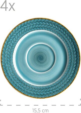 Серія Prospero, преміум на 4 персони в гастрономічній якості, сучасний набір тарілок з 8 предметів в унікальному вінтажному стилі, синій, міцний фарфор (бірюза, кавовий сервіз)