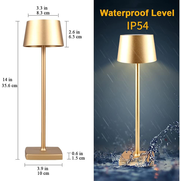 Настільна лампа бездротова 2 шт. (золота), IP54, 6000mAh, повна цинкова сплава, регулювання яскравості, для дому та бізнесу