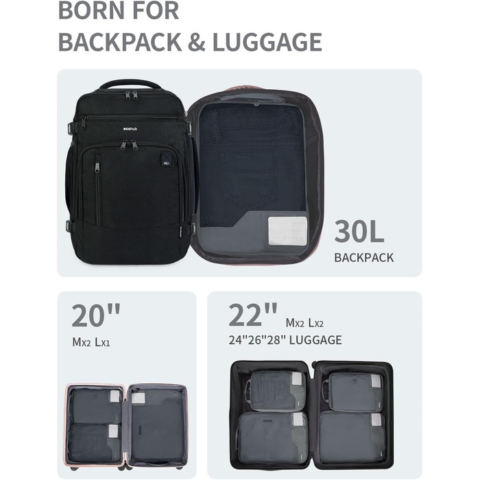 Набір компресійних органайзерів для подорожей ECOHUB, 4 шт., сірі пакувальні куби з маркуванням та сіткою для валізи та рюкзака