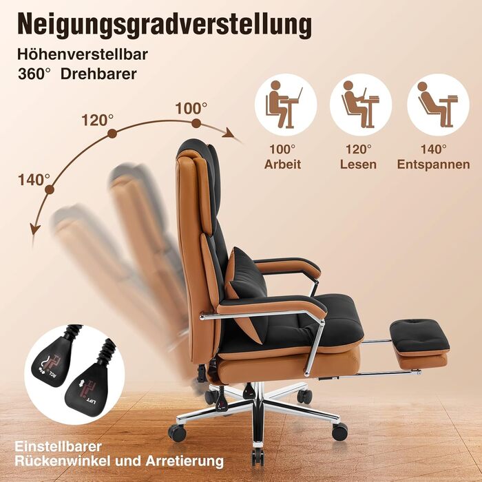 Ергономічне крісло для офісу, шкіра PU, крісло для керівника, 200 кг, з підніжкою та підтримкою попереку, для дому/офісу, регульоване, висока спинка, чорне