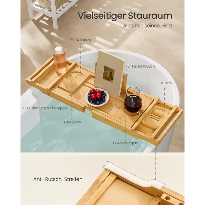 Полиця для ванни розкладна SONGMICS з бамбука 70-95.6 см, бежева - для книг, планшета, келиха, рушників