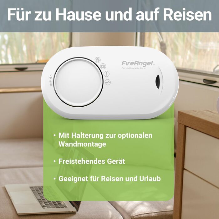 Детектор чадного газу Fire Angel FA3820 з батареєю на 10 років - для дому та подорожей, портативний CO-детектор та сповіщувач, білий
