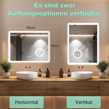 Дзеркало для ванної кімнати GIMBELEN LED з підсвічуванням 80x60 см, прямокутне, сенсорне керування, регульована яскравість, 3 кольори світла, антизапар, для вертикального/горизонтального монтажу