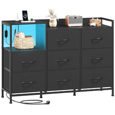 Комод Somdot з висувними ящиками для спальні, вітальні, передпокою з LED-підсвічуванням та розетками (2 AC, 1 USB, 1 Type-C), 5 тканинних ящиків, білий, 29T x 66,5B x 70,5H cm (Чорний, 29T x 99B x 70.5H cm (8 ящиків))