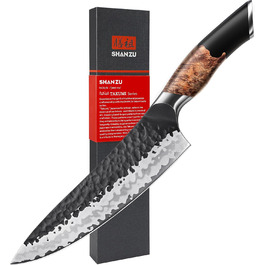 Японський ніж SHAN ZU Gyuto 20 см з 7 шарів вуглецевої сталі - професійний кухонний ніж для м'яса та овочів з акацієвим дерев'яним руків'ям