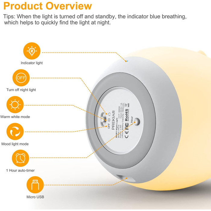 Світлодіодний нічник PREKIAR для дітей, 1800 мАг, USB акумуляторний, 7-кольоровий RGB, таймер, пам'ять, подарунок дитині