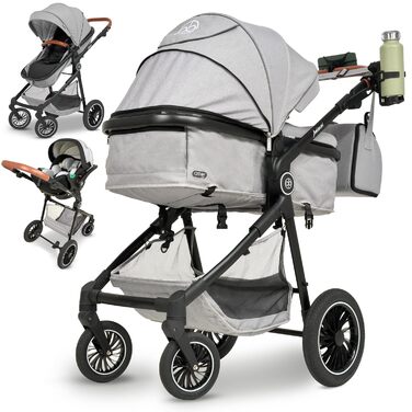 Дитяча коляска 3 в 1 з автокріслом та люлькою | Коляска для новонароджених з 5-точковим ременем безпеки | Кольори: світло-оливковий та світло-сірий без Isofix