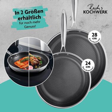 Сковорода Kochwerk Rachs з рифленою поверхнею ⌀28 см | Сковорода з нержавіючої сталі з антипригарним покриттям та високим бортиком | Підходить для всіх типів плит | Стійка до подряпин та придатна для духовки | З рецептами ⌀28 см
