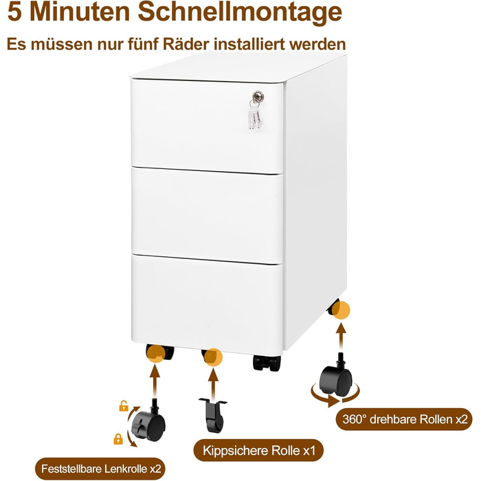 Роликовий контейнер HOMSTEEL з замком, 3 висувні ящики, стіл для принтера, білий, 46x30x54 см