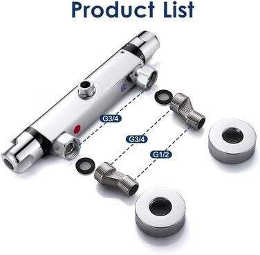 Змішувач для ванни з термостатом, накладний, хром, латунь, з кнопкою безпеки 38°C, для ванни, душ