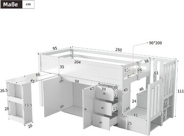 Ліжко дитяче 90x200, дерев'яне з шухлядами, полицями та бічною панелью, захистом від падіння, ламелями та місцем для зберігання, підліткове, функціональне, без матраца, біле