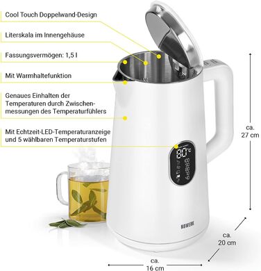 Чайник N8WERK 1,5 л, налаштування температури, функція підтримки тепла, LED-дисплей 40-100C, місячне світло білий