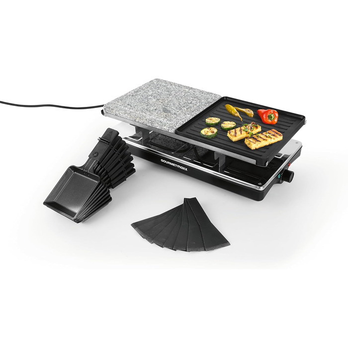 GOURMETmaxx Raclette з Фондю 2-в-1 | Набір для 8 осіб – ідеальний для вечірок | Ракле-фондю комбінація з 8 сковородами, лопатками та виделкою