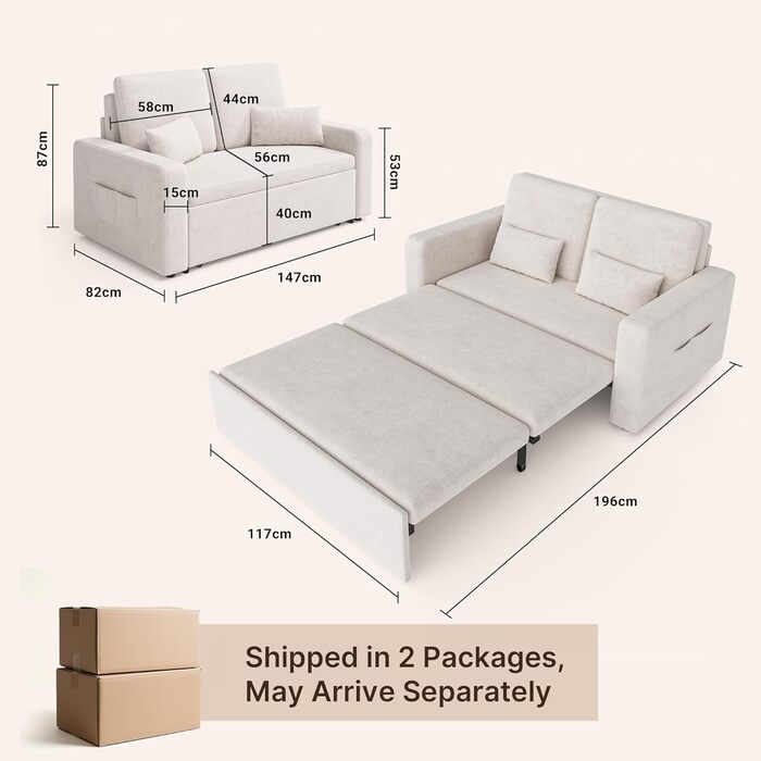 Диван-ліжко Xbro з функцією сну 147x196x87 см, 2-місний, висувний, з 4 роликами, сучасний велюровий диван-ліжко (бежевий)