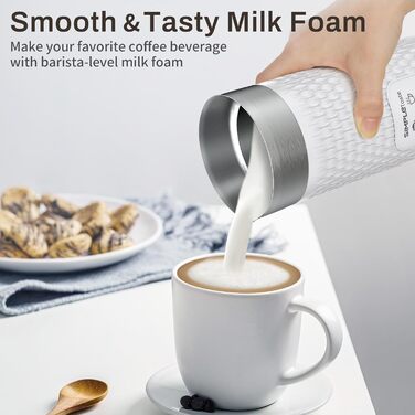 SIMPLETASTE: Електричний спінювач молока 4-в-1, автоматичний, для гарячого та холодного напою, з підігрівом, автоматичне вимкнення, білий