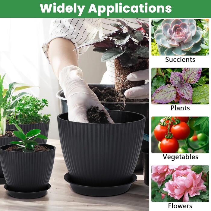 Набір горщиків для квітів з пластику, 8 шт. з отворами, круглі підставки, горщики для кактусів та трав, набір для офісу, балкону, саду, сукулентів, чорний