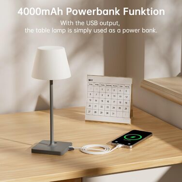 LED лампа настільна акумуляторна бездротова, диммувана, з тач-панеллю, 4000mAh, з функцією павербанку, вологостійка IP44, для дому та вулиці (сіра)