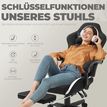 Ігровий крісло Dowinx з підголівником та підставкою для ніг, тканинне, з масажем, чорно-біле, ергономічне