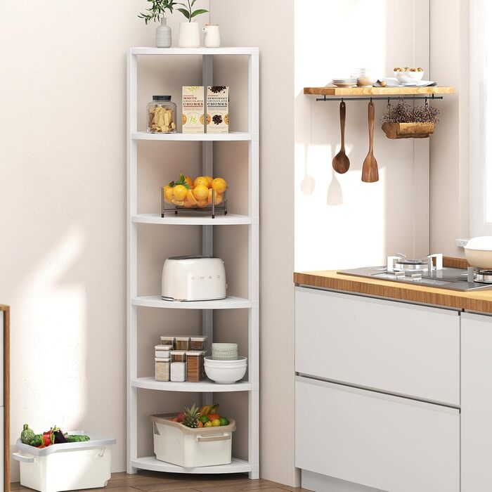 Стеллаж кутовий SoGESFurniture з 6 полицями, стелаж-лесенка, полиця для зберігання, полиця для квітів у вітальню, спальню, офіс, індустріальний дизайн, 34x34x165 см (Білий)