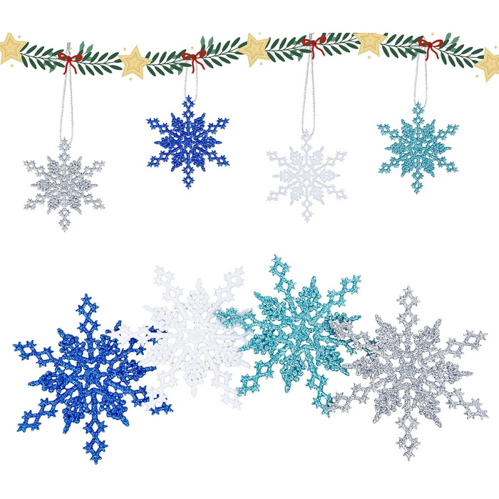 Підвісок для ялинкових прикрас зі сніжинками, набір пластикових ялинкових прикрас (4 кольори), 36 шт.