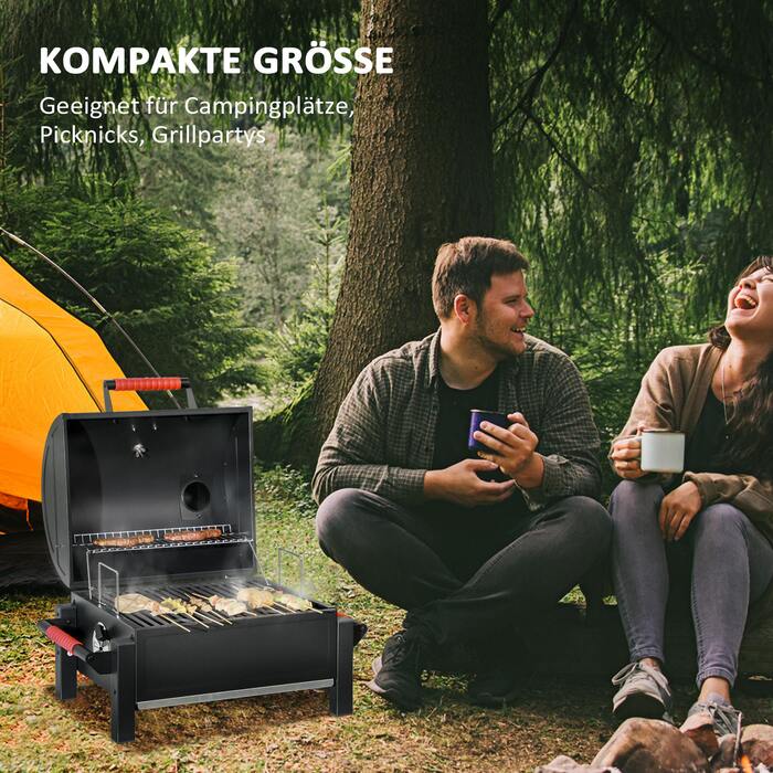 Grill Outsunny з дерев’яною рамою, настільний гриль з решіткою, кошом для вугілля, гриль для кемпінгу з кришкою, ручкою, термометром, настільний гриль для пікніка, саду, чорного кольору, 68,5 x 50 x 54 см | Aosom