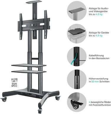 Тумба під телевізор ONKRON Rollable 40-70 дюймів, 45,5 кг, з колесами та 2 полицями, регульована по висоті, Чорна