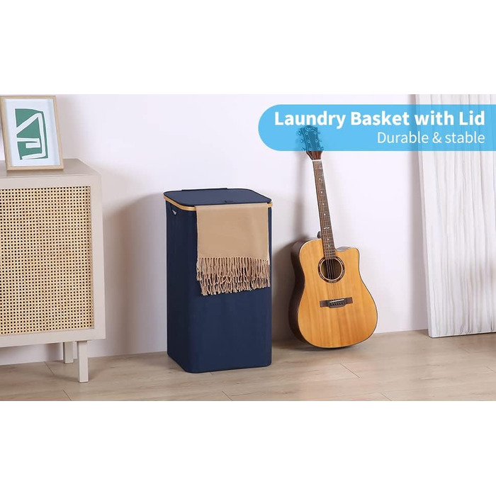 Кошик для білизни з кришкою Efluky, 100 л, блакитний, XL, з бамбуковими ручками та внутрішніми кишенями для сортування