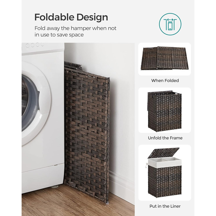 Кошик для білизни Songmics з кришкою, 90 л, з 6 мішечками, з лози, коричневий