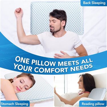 Ортопедична подушка з піною з пам'яті для тих, хто спить на животі та на спині, 40x60 см, 5.7 см, ультратонкий, синьо-білий, знімний чохол