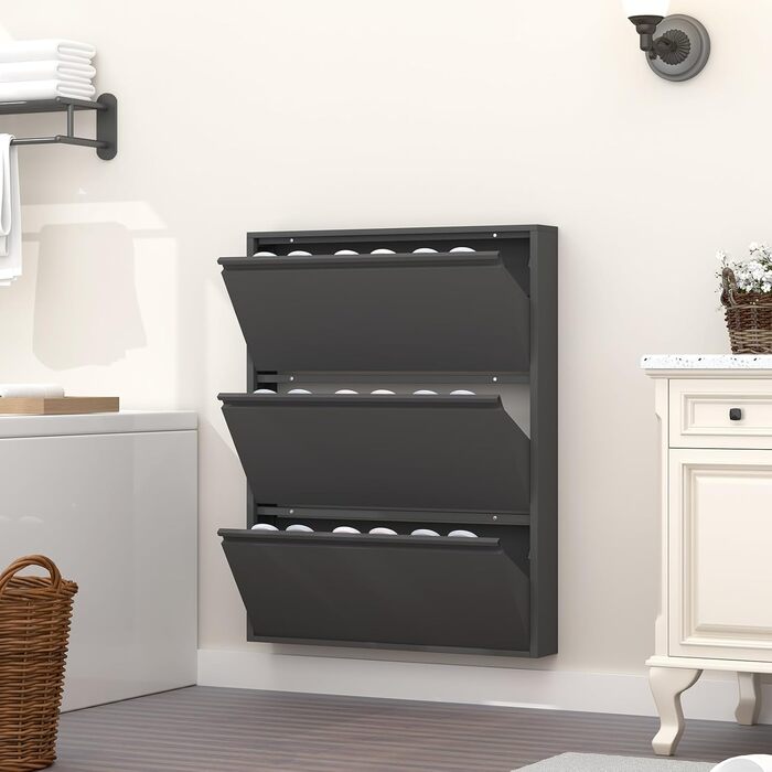 Взуттєва шафа GREATMEET для передпокою, вузька, настінна, металева, з 3 висувними ящиками (чорна)