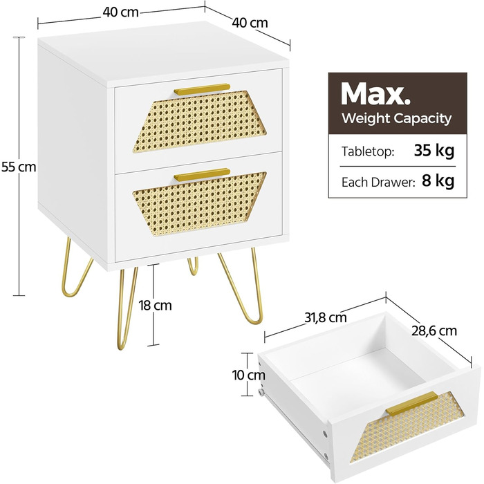 Набір Yaheetech з 2 тумбочок з ротанга, металеві ніжки, світло-коричневий/білий, 2 шухляди