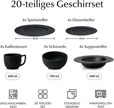 MIAMIO Набір посуду 20 предметів / Сучасний керамічний посуд / Сервіз для 4 осіб - Колекція Oasis (Чорний, 20 шт.) / Чорний посудовий набір (20 шт.)