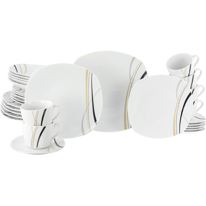 CreaTable Серія Square City Line: 18-частинний набір посуду для 6 осіб, кавовий сервіс з порцеляни, придатний для миття в посудомийній машині та використання в мікрохвильовій печі, преміум-якість (комбінований сервіс 30 шт.)