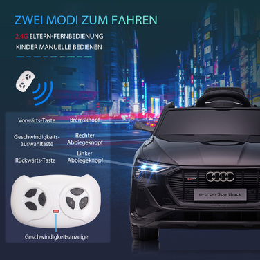 Електромобіль HOMCOM Audi e-tron 12V для дітей 3-5 років. Реалістичний дизайн, дистанційне керування, безпечний ремінь, музика (MP3/USB/TF), швидкість до 3-5 км/год. Чорний колір.