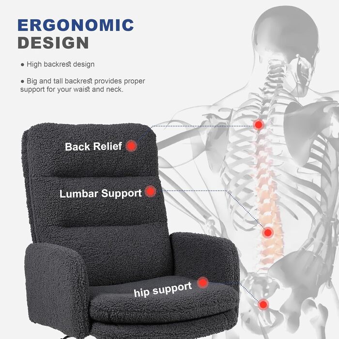 Крісло для роботи Youhauchair з кашеміру, ергономічне офісне крісло з високою спинкою, зручне крісло для туалету, обертове крісло для столу з регульованою висотою, кашемір, висока спинка (темно-сірий)