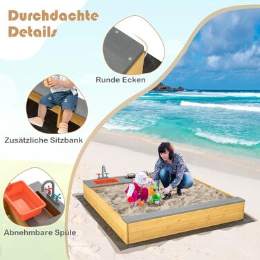 Пісочниця DREAMADE 135x125x20 см з сосни для вулиці: пісочний набір з аксесуарами та лавкою