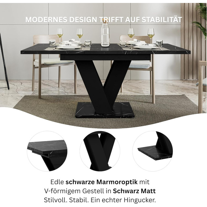 Розсувний кухонний стіл PROROOM FURNITURE Malvi - чорний, 120-160 см, для 4-6 осіб | Збірка легко | Royal Marmor | Для їдальні та кухні