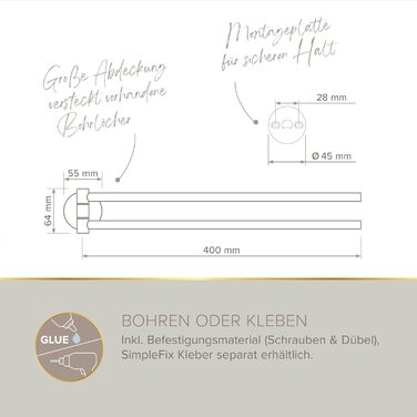 Настінний тримач для рушників Lenz Juna in, графіт, 40 см, з антибліковою поверхнею, для кріплення на стіну (на клей або шурупами)