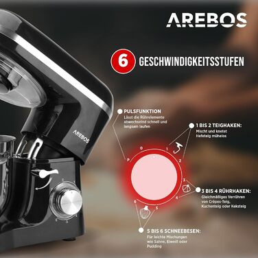 Кухонна машина Arebos 1500W з чашею 6L з нержавіючої сталі, чорна | Змішувач, гак для тіста, вінчик | Кришка від бризок | 6 швидкостей | Кухонний комбайн | Машина для тіста