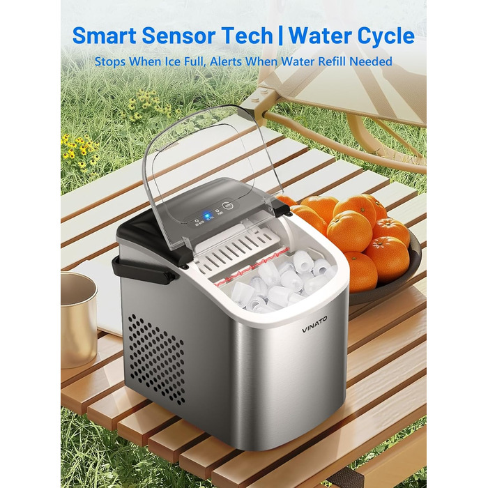 VINATO Льодогенератор портативний для дому та офісу, 12 кг/24 год, срібний. Швидке виробництво льоду (6-8 хв), з лопаткою та кошиком.